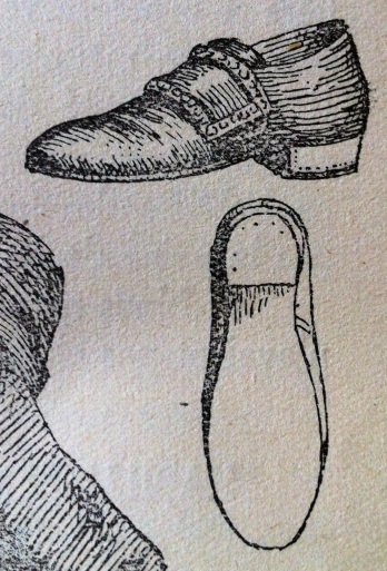 Dessin de soulier XVIIIe, dans lequel la parfaite symétrie de la semelle est représentée (In M. Leloir, Histoire du Costume, 1933)